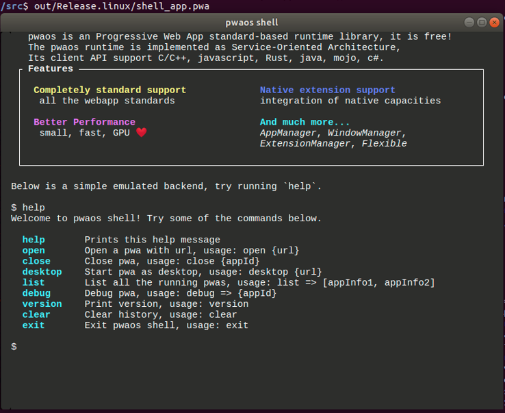pwaOS shell terminal showing the help command, features panel and command reference
